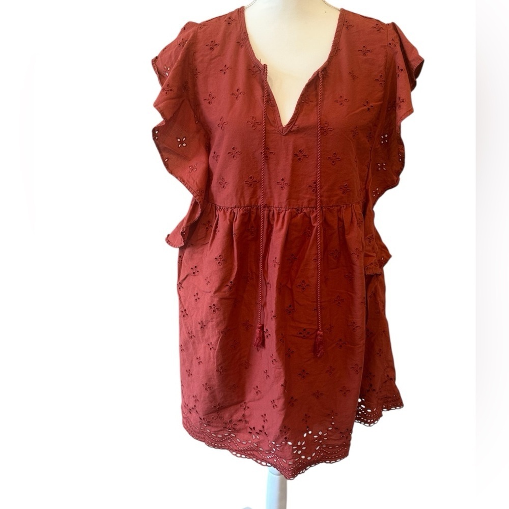 Blue Rain Rust Eyelet Flutter Sleeve Babydoll Mini Dress Boho Cottagecore Medium